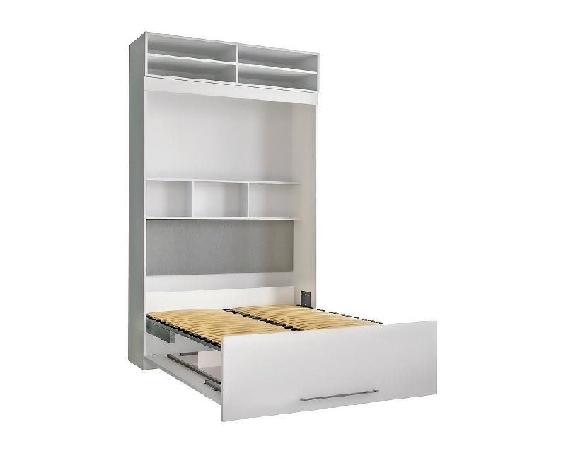 Lit escamotable Lutecia surmeuble - 140 x 190 cm - profondeur 50 cm - blanc mat - avec niches de rangement_3