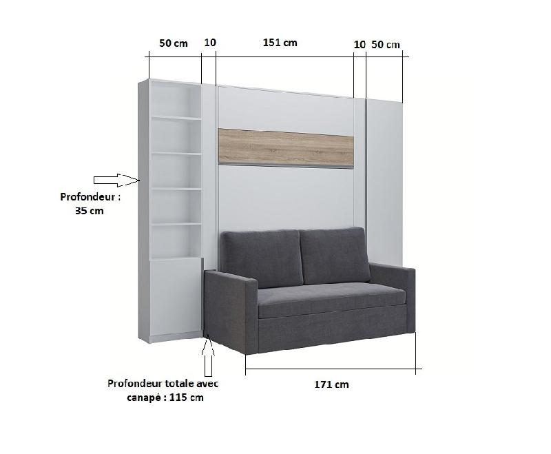Lit escamotable 140 blanc mat avec bandeau chêne - DJUKE SOFA gris - 2 colonnes intégrées_3