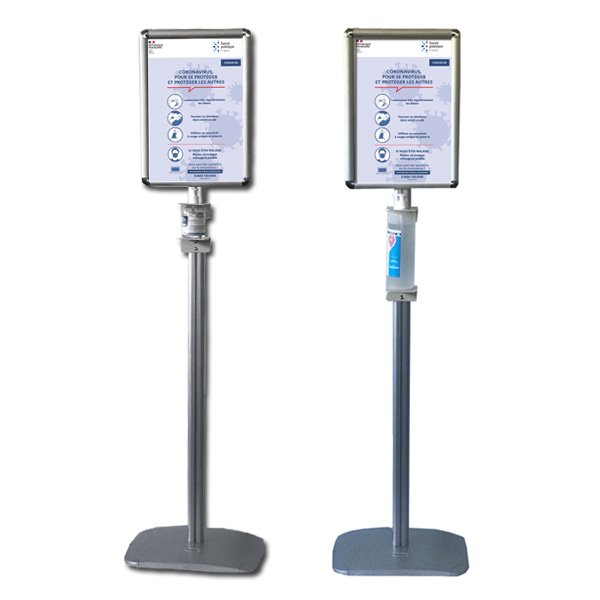Poteau distributeur 158 cm - 2 faces pour bouteilles de gel 300 ml à 1000 ml + cadres pancartes A3 portrait ou paysage - Noir - Réf : 214961NR_3