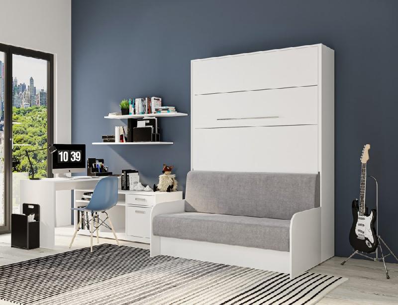 Armoire lit escamotable Sofa Automatica 140 cm blanche avec canapé intégré en microfibre grise - Mécanique brevetée SEDAC MERAL_3