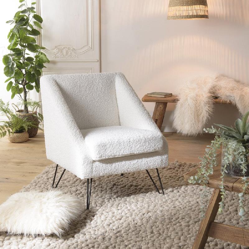 Fauteuil design GOTHY blanc en tissu bouclette - pieds épingles métal noir - style contemporain et élégant_3