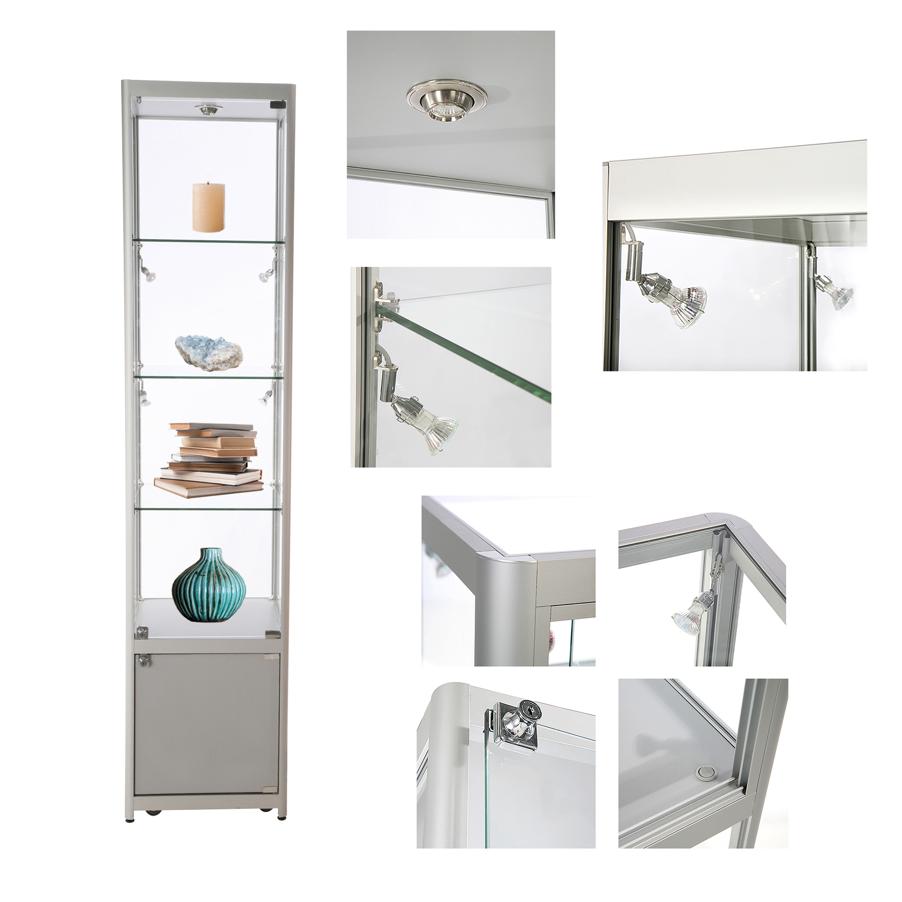 Vitrine Exposition Aluminium LED H 200 x L 45 x P 45 cm - Gris Alu - Réf.2228406 - Vitrine Haute 4 étagères avec éclairage Led et réserve en panneaux bois stratifiés_3