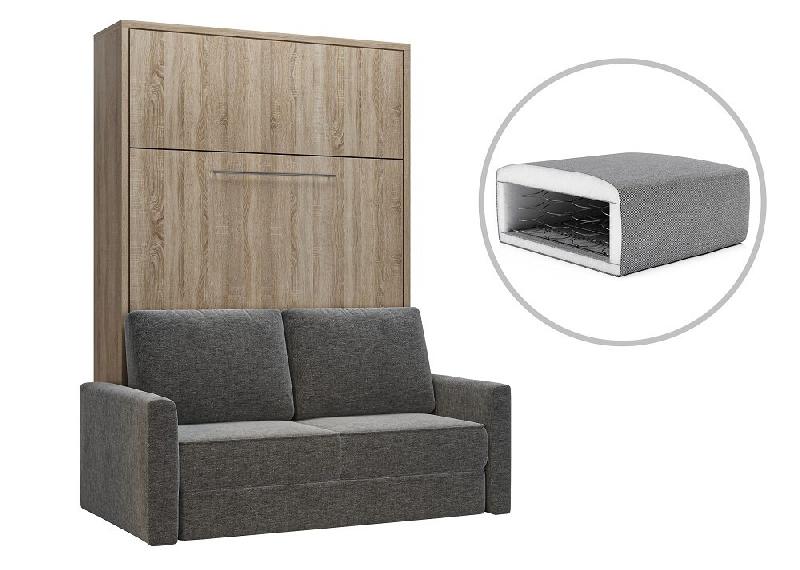 Composition armoire lit escamotable Fidji Sofa - couchage 140x200 avec colonnes de rangements intégrées et canapé blanc cassé_3