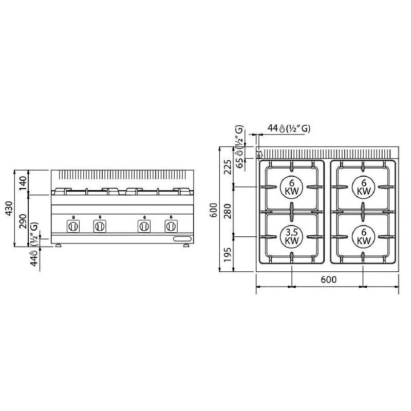 Cuisinière à gaz - 16 kW - 4 brûleurs - incl. Soubassement avec 2 portes  - Mario 600 | GGM -GHK66-E-UBK66-E_3