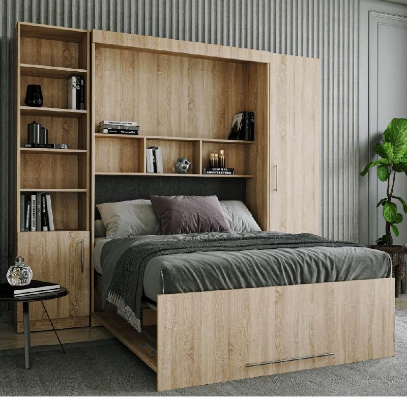 Composition armoire lit escamotable LUTECIA - Chêne naturel - Couchage 140x190 cm avec rangements intégrés_3