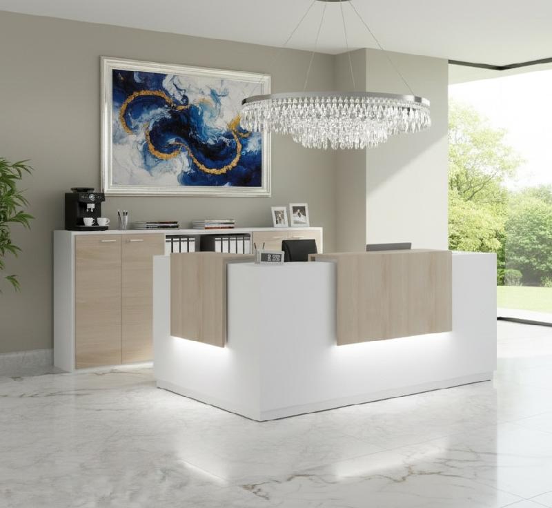 Comptoir d'accueil d'angle avec 2 réhausses Delta - Mobel Linea. - 184, Gauche, Blanc, Non, Acacia clair_3