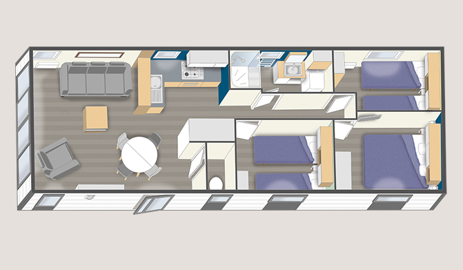 Mobil home 11 x 4 m avec entrée contemporaine et fenêtres oscillo-battantes