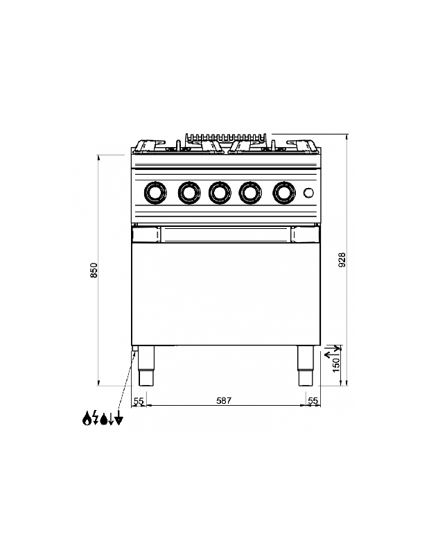 Fourneau 4 feux gaz sur four gaz - 5.5 Kw - Acier inoxydable - Modèle IPX5 - MBM - Gamme DOMINA PRO 700_3