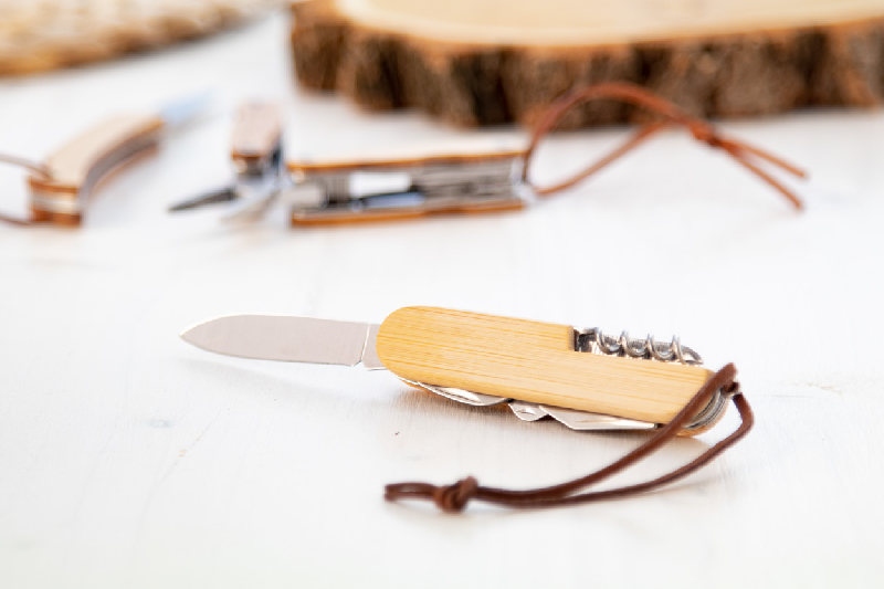 Couteau de poche multifonctions en acier inoxydable - manche bambou - 9 fonctions - avec bandoulière similicuir_3