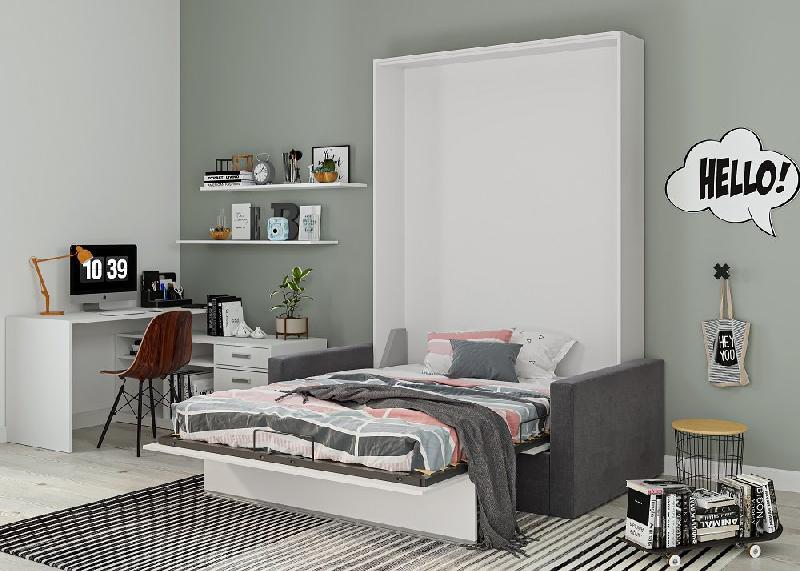 Armoire lit escamotable DJUKE SOFA blanc mat - canapé gris intégré 140x200 cm_3