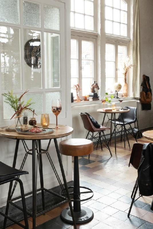 Tabouret de bar Valona - cuir marron, design industriel avec dossier confortable_3