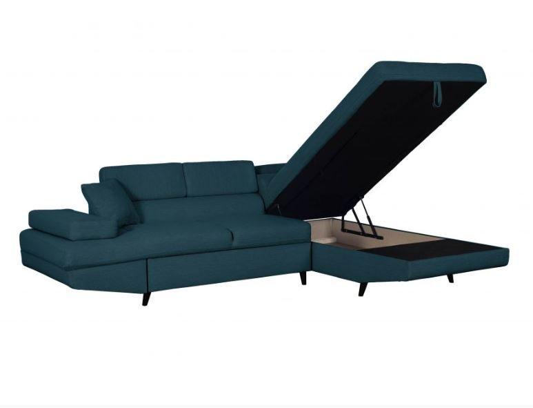 Canapé d'angle méridienne droite RINO - convertible avec coffre - bleu canard - pieds laqués noir - 3 têtières réglables - 2 coussins déco_3