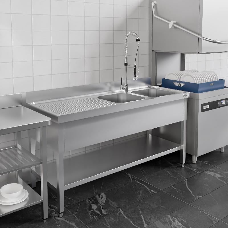 Plonge inox 2 bacs avec égouttoir et étagère - P 700 mm - 2000 mm bac à droite_3
