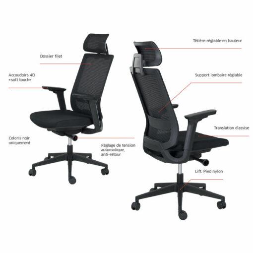 Fauteuil de bureau ergonomique CARLO - neuf - accoudoirs 4D, maille noire, soutien lombaire réglable, appui-tête réglable_3