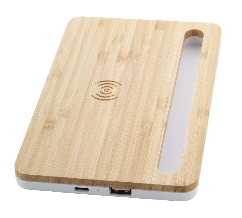 Chargeur induction de bureau en bambou - 5W avec support téléphone et Power Bank USB 1000 mA_3
