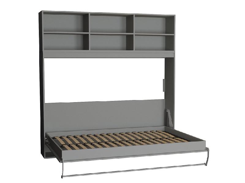 Lit escamotable STRADA-V2 gris mat - Couchage 140 x 200 cm avec surmeuble 6 niches de rangement_3