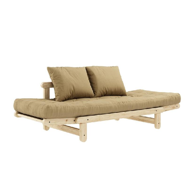 Banquette méridienne futon Beat en pin naturel - Tissu beige blé - Couchage 75x200 cm - Convertible et modulable_3