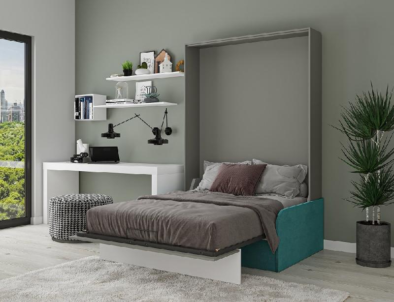 Armoire lit escamotable Bermudes Sofa - Canapé bleu, bandeau blanc - Couchage 140x200 cm_3