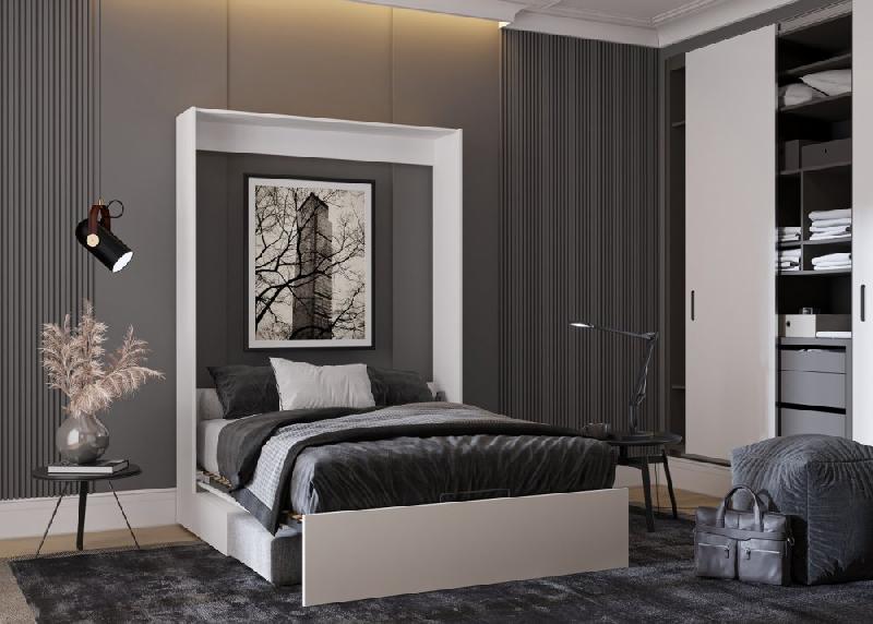 Armoire lit escamotable Dynamo Sofa - canapé avec tiroirs blanc mat et microfibre gris - couchage 140x200 cm_3
