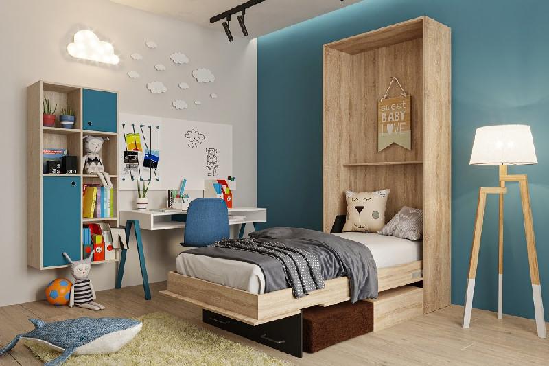 Lit escamotable style industriel KEY SOFA - 90x200 cm - Chêne naturel avec canapé et tiroirs de rangement marron_3