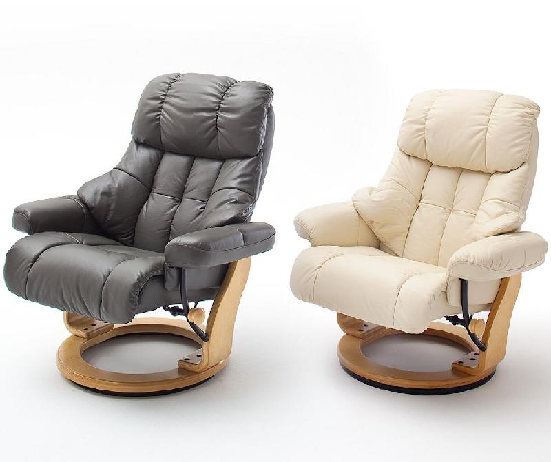 Fauteuil relax CLAIRAC XL - assise en cuir crème, pied en bois naturel, inclinable à 135° avec repose-pied_3