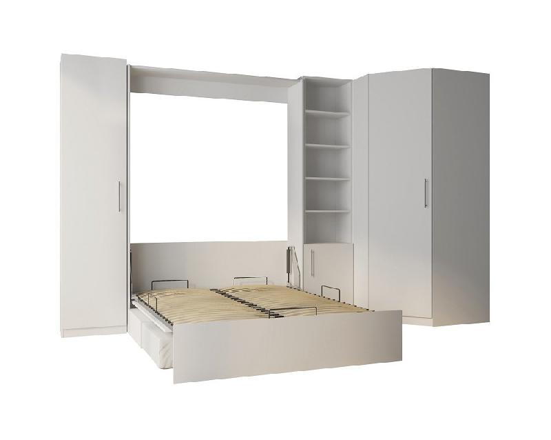 Composition angle lit escamotable blanc Dynamo Sofa - canapé blanc cassé 140x200 cm - bibliothèque et rangement intégrés_3