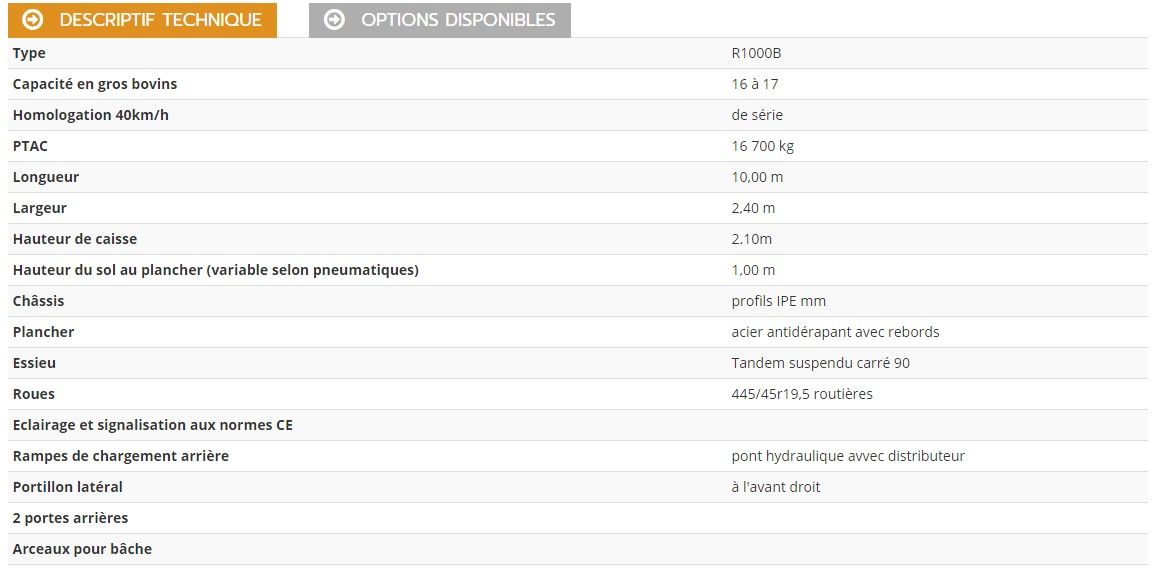 R1000b - Bétaillère double essieu robuste - PTAC 16 700 kg - 10m pour 16 à 17 bovins_3