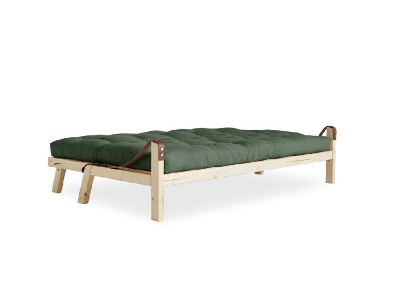 Banquette futon Poetry en pin massif - coloris vert olive - couchage 130 x 190 cm - design scandinave avec accoudoirs en cuir_3