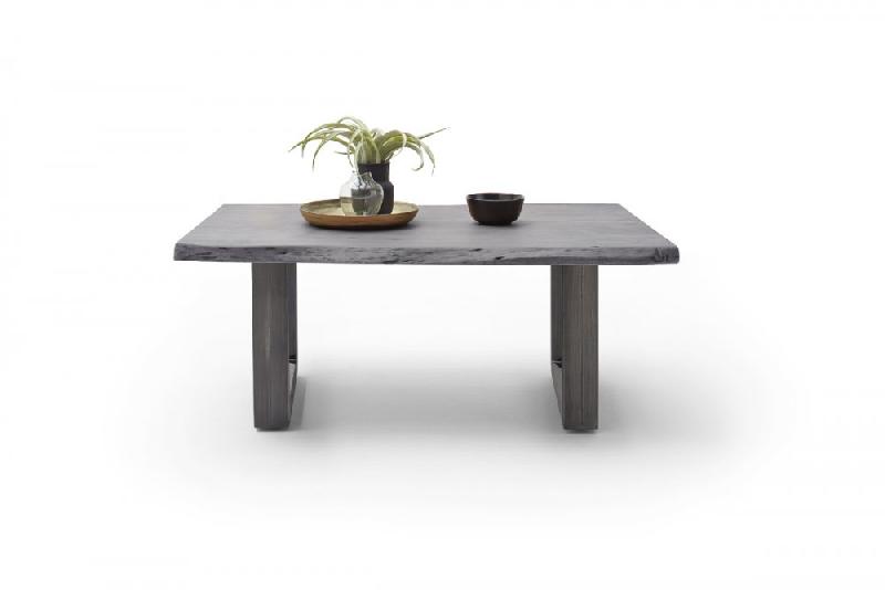 Table basse Claren - plateau 110 cm en acacia massif laqué gris - piétement en U en acier finition vintage_3