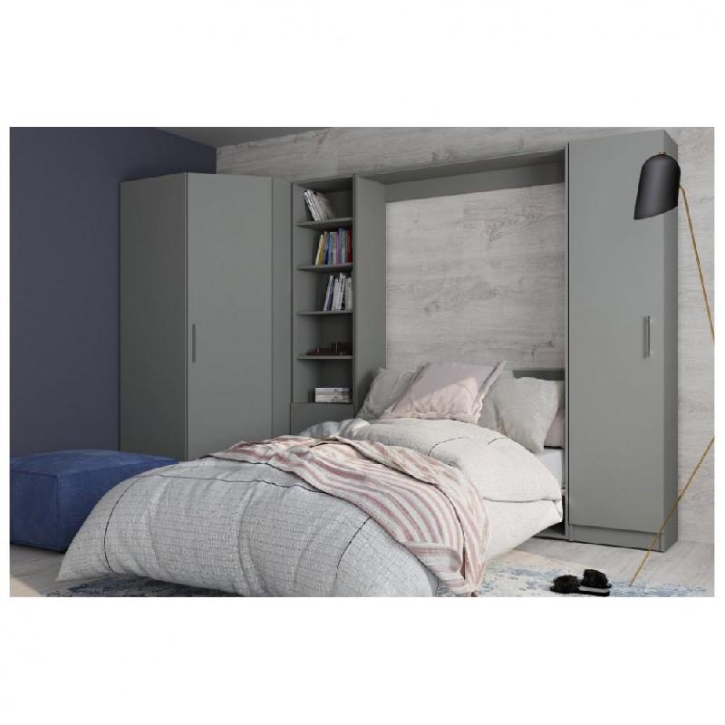 Composition armoire lit escamotable SMART-V2 gris mat - couchage 160 x 200 cm - 2 colonnes rangement + angle - dimensions 375 x 100 cm_3