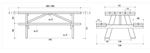 Table pique-nique Munich - Pin du Nord traité autoclave classe IV - Bancs rabattables - Modèle PMR - Plateau 230 cm_3