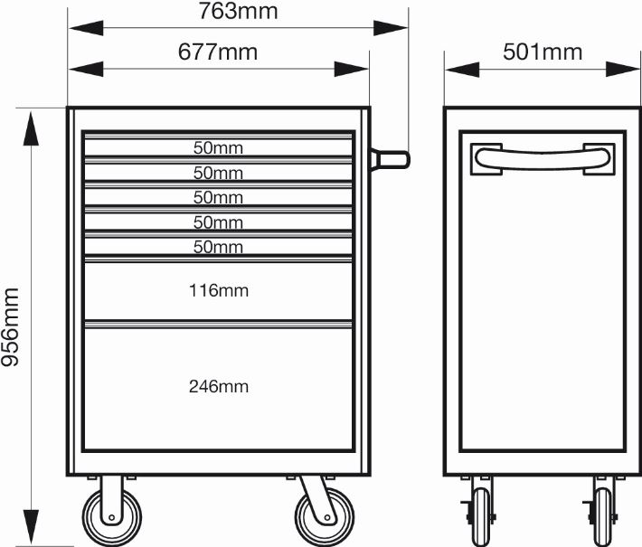 Servante classique C75 - 7 tiroirs, orange, 986 mm x 501 mm x 763 mm - 1475K7 avec verrouillage Lock&Go et roues silencieuses_3
