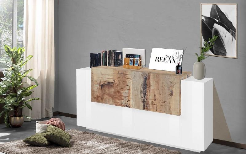 Buffet design CORO 160 cm - Blanc laqué brillant et érable vintage - Rangement spacieux_3