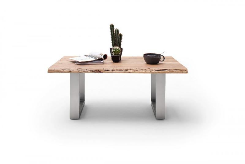 Table basse Claren - plateau 110 cm en acacia massif naturel laqué - piétement en U acier brossé_3