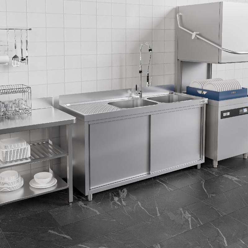 Plonge inox 2 bacs et égouttoir sur placard - P 700 mm - 1800 mm bac à droite_3