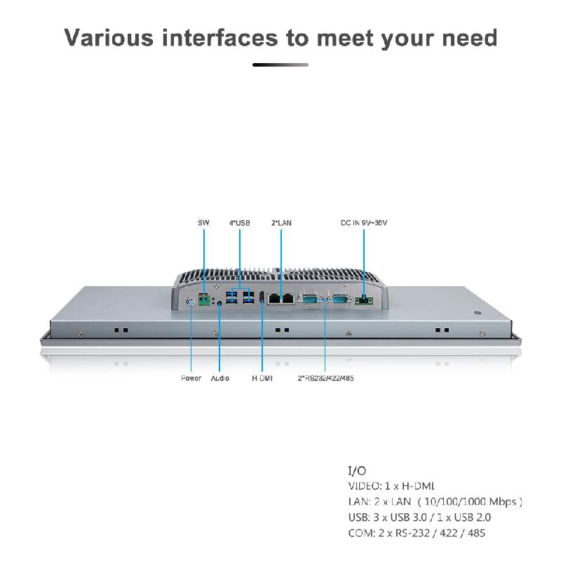 Panel PC industriel fanless 23.8 pouces 16:9 Full HD pour HMI, supervision et automatisation - EVI-24WAC, façade avant IP66, connectique complète_3