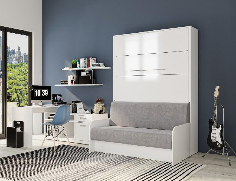 Armoire lit escamotable Sofa Automatica 140 cm - façade laquée blanc brillant - canapé microfibre gris intégré_3