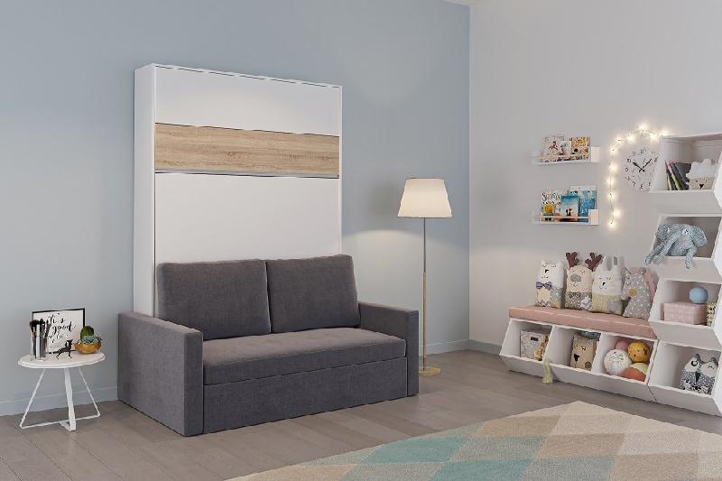 ARMOIRE LIT ESCAMOTABLE DJUKE SOFA BLANC BANDEAU CHÊNE CANAPÉ GRIS 140*200 CM_3