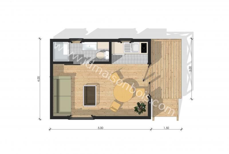 Marseille - Studio de jardin en bois ID Maison - Toiture plate 20m² avec cuisine, salle de bain et WC_3