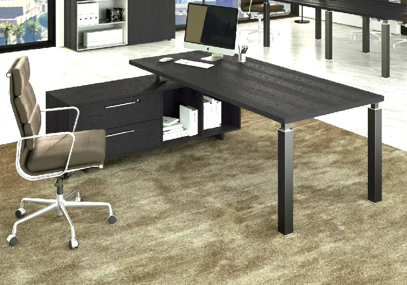 Bureau individuel pieds métalliques sur console So Flora - 195 x 170 cm, Noir mat (RAL 9005), Noyer Naturel_3