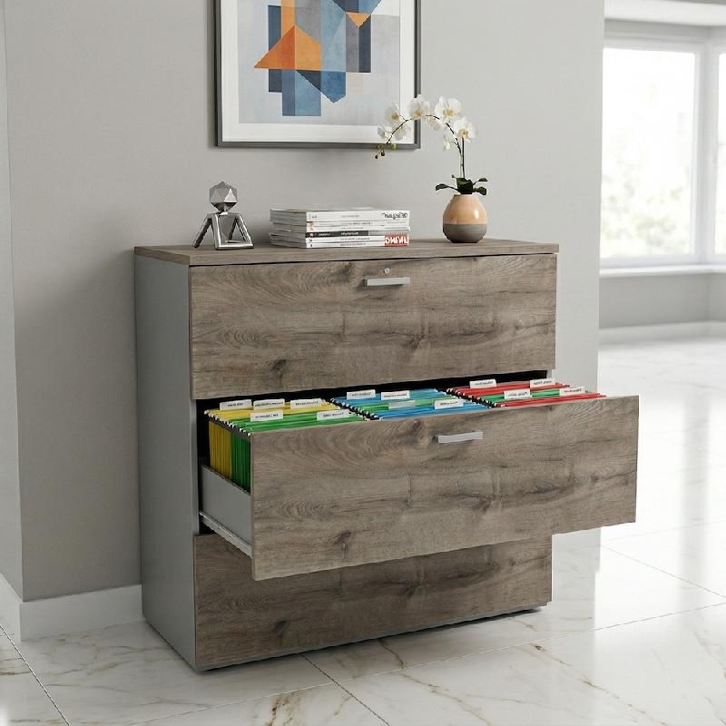 Armoire de Bureau : Classeur Professionnel 3 Tiroirs pour Dossiers Suspendus - 120, Gris aluminium, Chêne grisé_3