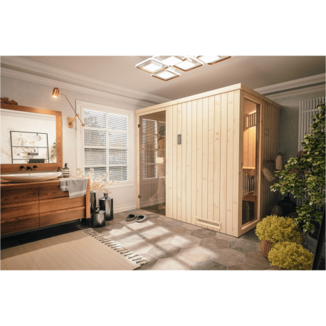Cabine de sauna 194x194x199 en épicéa scandinave avec poêle HARVIA VEGA 8KW à commandes déportées_3