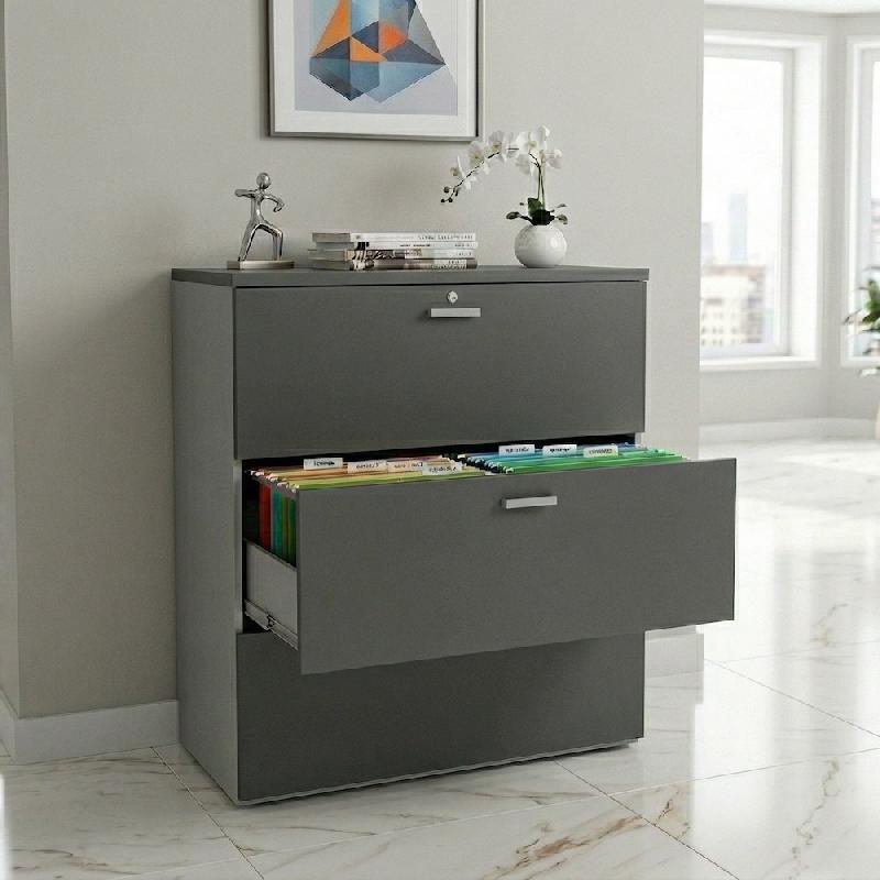 Armoire de Bureau : Classeur Professionnel 3 Tiroirs pour Dossiers Suspendus - 80, Gris anthracite, Gris aluminium_3