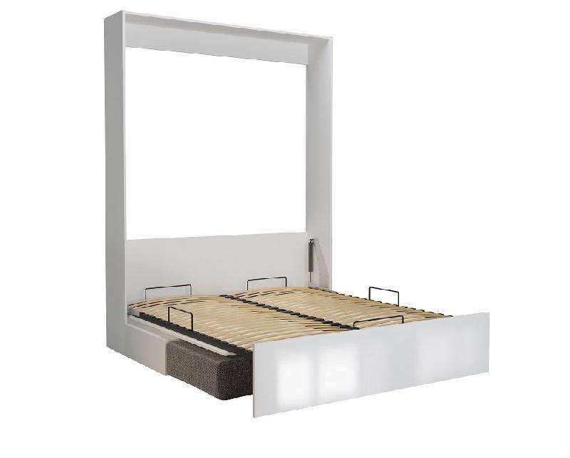 Armoire lit escamotable Dynamo Sofa - façade blanc brillant effet miroir - canapé gris - couchage 140x200 cm_3