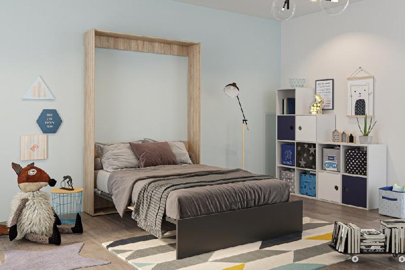 Lit escamotable industriel STUKEY - Chêne et noir mat - 140 x 200 cm avec ferrures décoratives_3