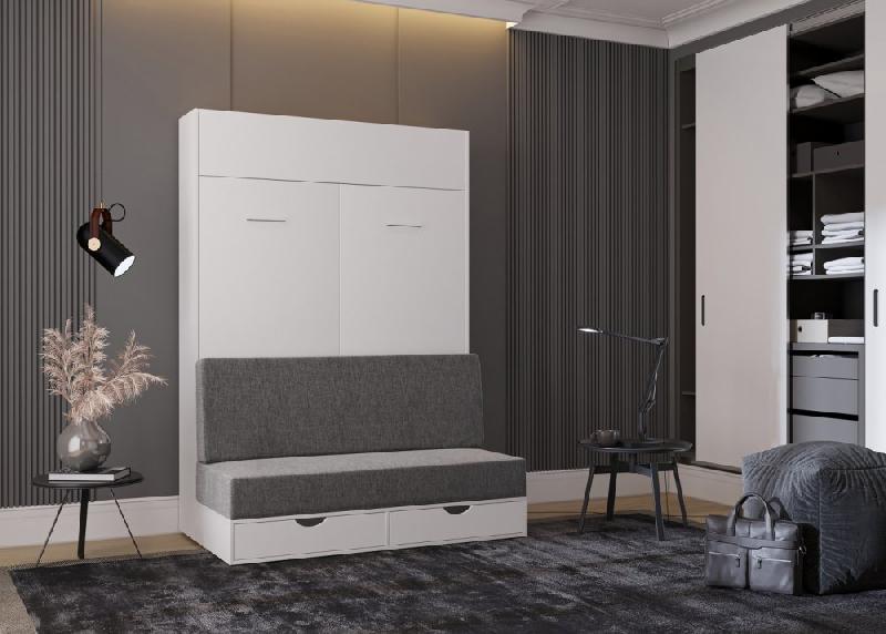 Armoire lit escamotable Dynamo Sofa - Canapé avec tiroirs, blanc mat et microfibre gris - Couchage 160x200 cm_3