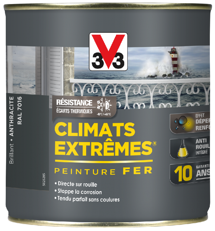Peinture fer extérieur Climats Extrêmes® V33 - Anthracite brillant - 0.5 L - Direct sur rouille - Résistante aux conditions climatiques extrêmes_3