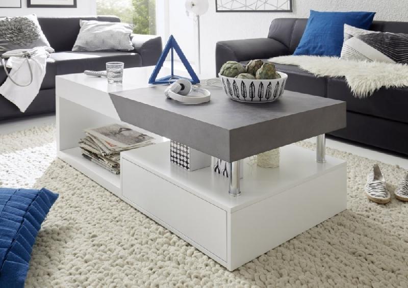 Table basse Holly - finition laqué blanc et mélaminé béton avec 1 tiroir et plateau coulissant_3