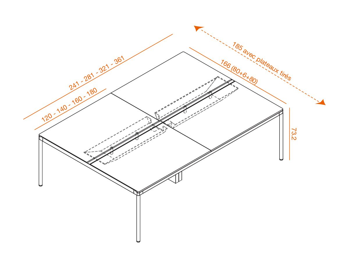 Bureau bench 4 personnes Redline - plateaux coulissants, gestion des câbles intégrée, design exclusif_3