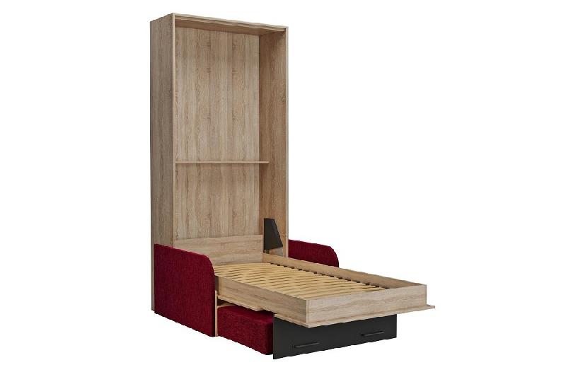 Lit escamotable style industriel KEY SOFA - Canapé rouge avec accoudoirs tissu, tiroirs, couchage 90x200 cm_3